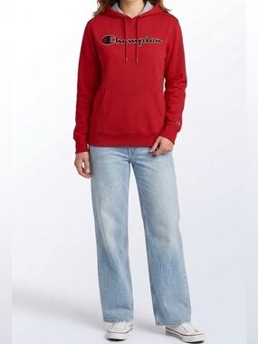 Champion Red Logo Hoodie Sweatshirt Size Large Cotton